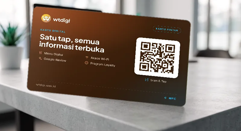 Kartu digital WT DIGI berwarna navy beraksen biru dan kuning berdiri di atas meja: bertulisan wtdigi, Kartu Pintar, Kartu Digital, Satu tap semua informasi terbuka, Menu Digital, Akses Wi-Fi, Google Review, Program Loyalty, Scan & Tap, NFC, dan wtdigi.web.id