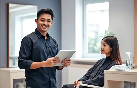 Pelayan salon memegang tablet di depan pelanggan yang duduk di kursi salon, suasana terang dan rapi
